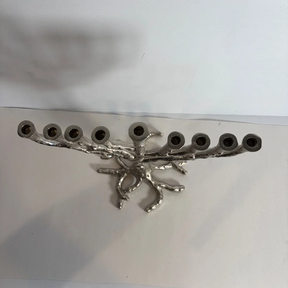Tree of Life Hanukkah Menorah Silver Tone Cast Metal Branch Design Candelabra